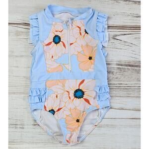 Shein Floral Print Flutter Sleeve Zip Front Baby Blue Swimsuit sz 5T